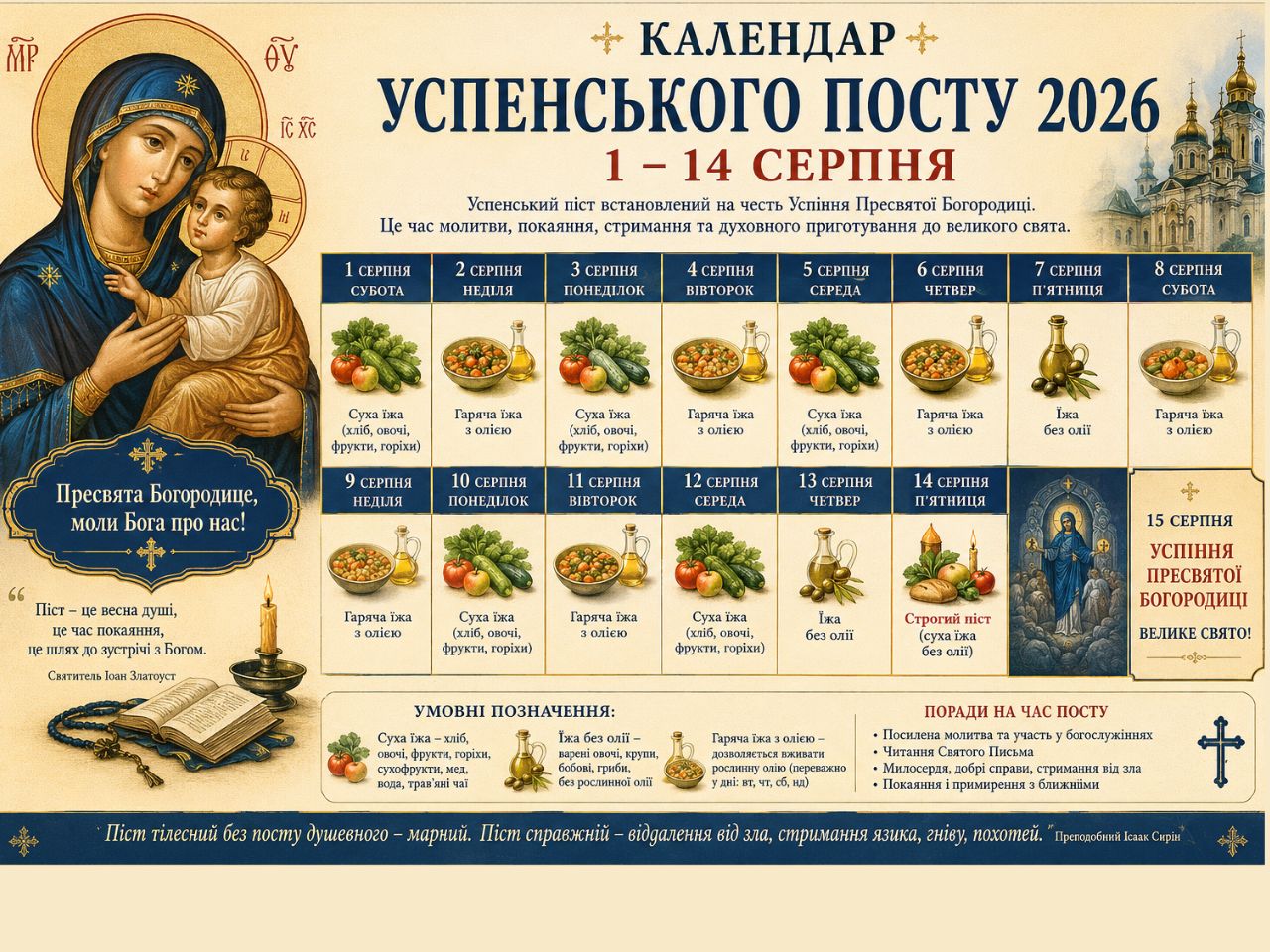Календар Успенського посту 2026 (1-14 серпня)