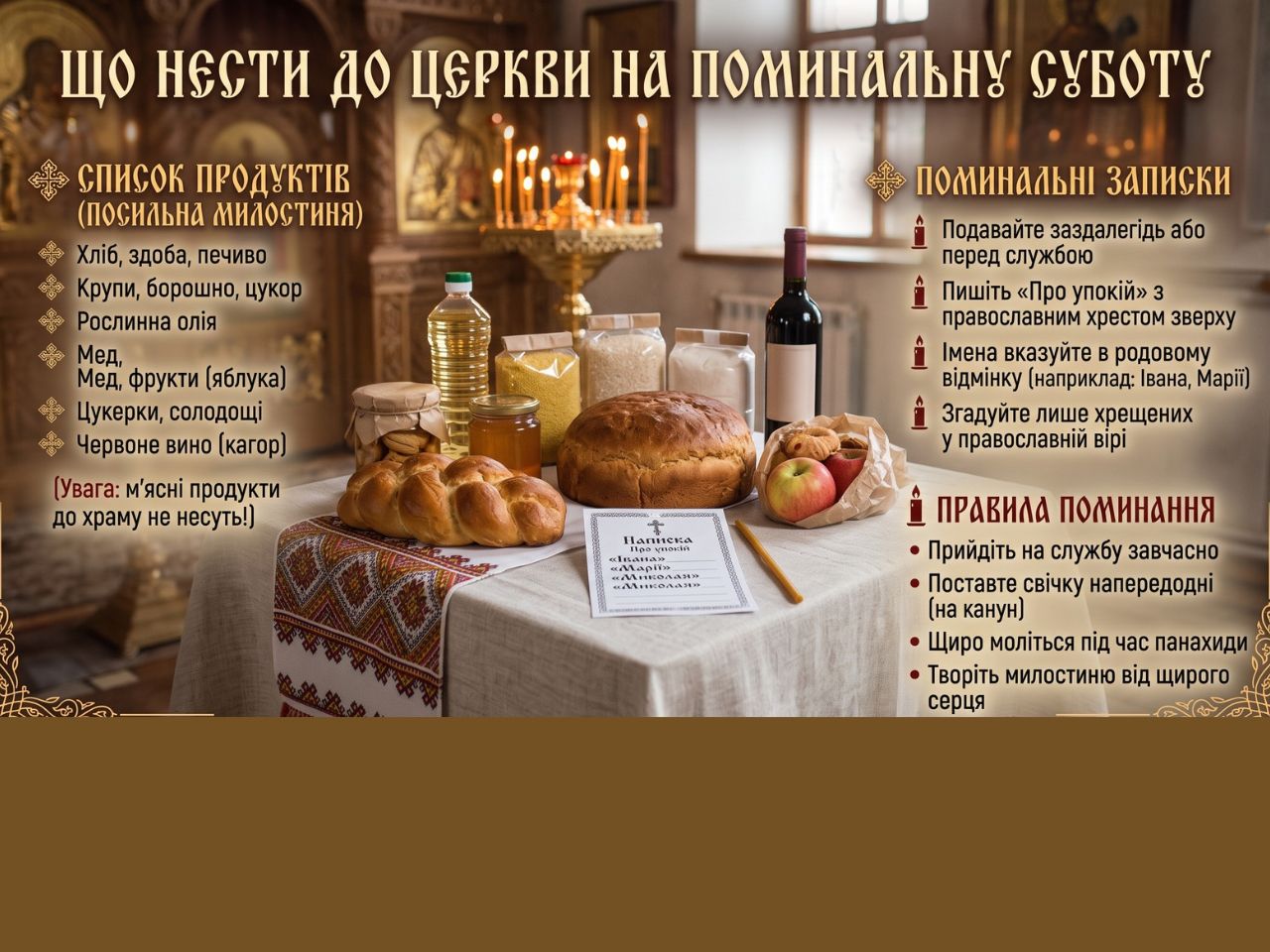 Що нести до церкви на поминальну суботу: список продуктів, записки та правила поминання