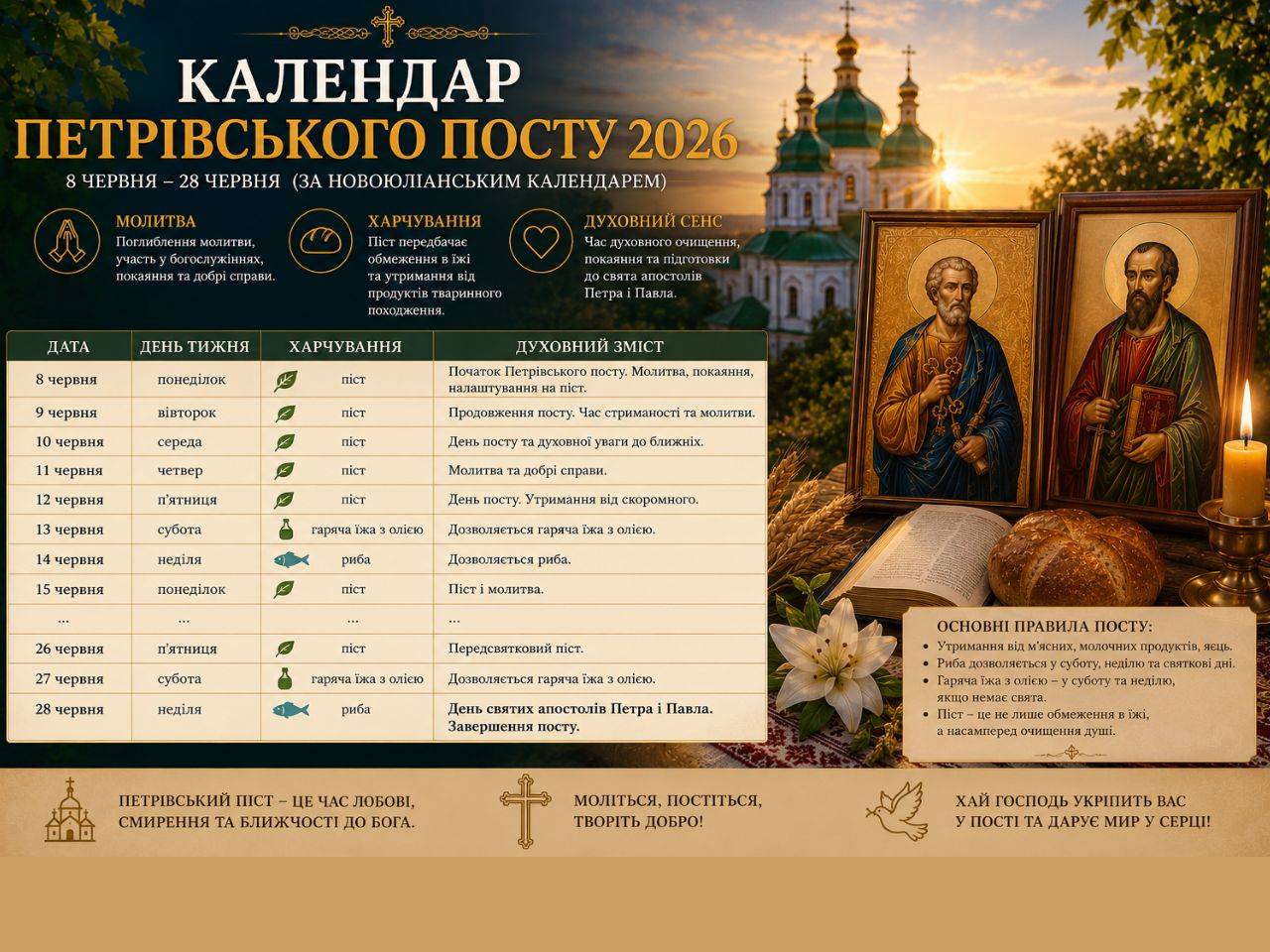 Календар Петрівського посту 2026 (8 червня – 28 червня)