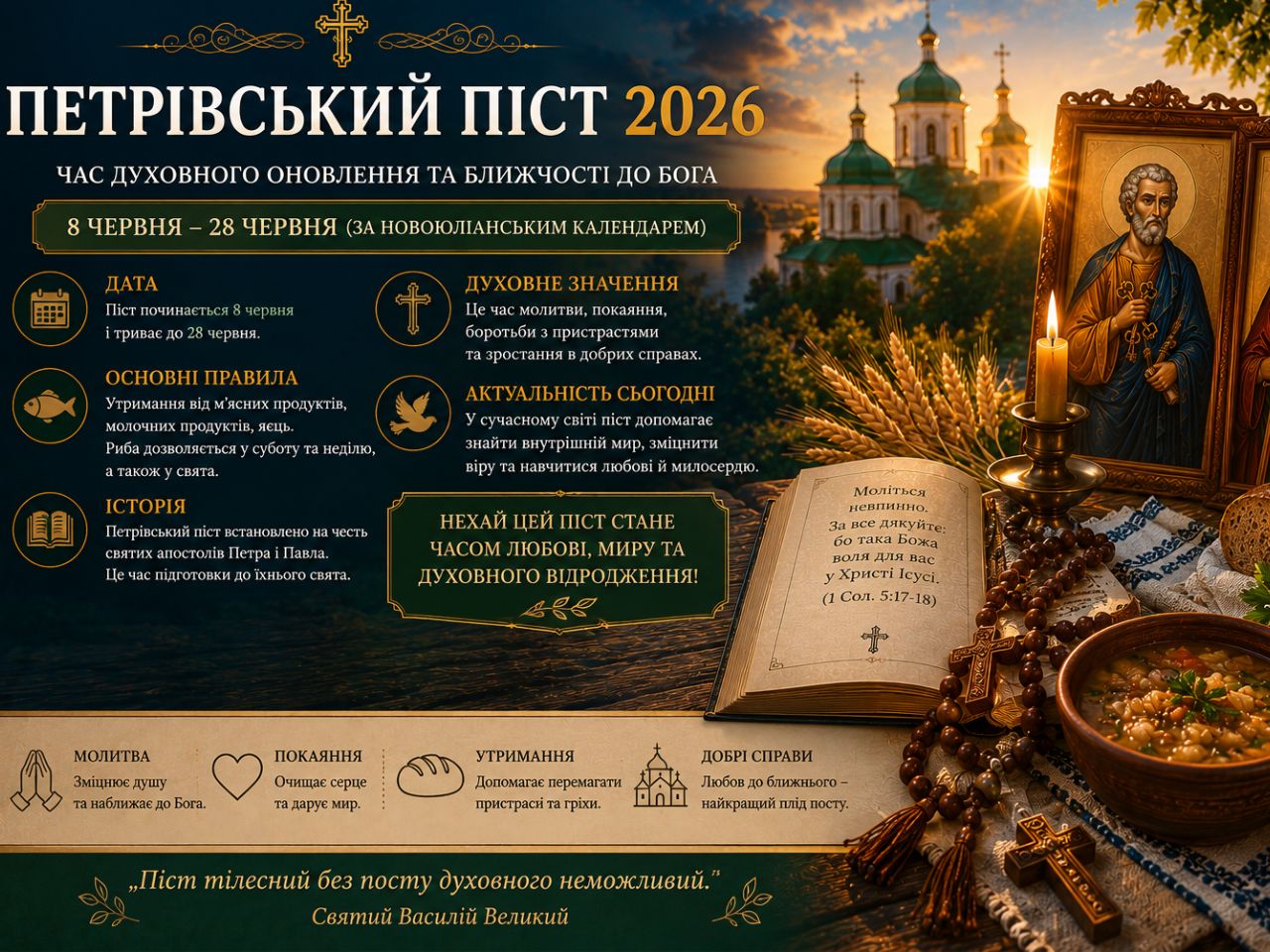 Петрівський піст 2026: дата, основні правила, історія, духовне значення та актуальність сьогодні